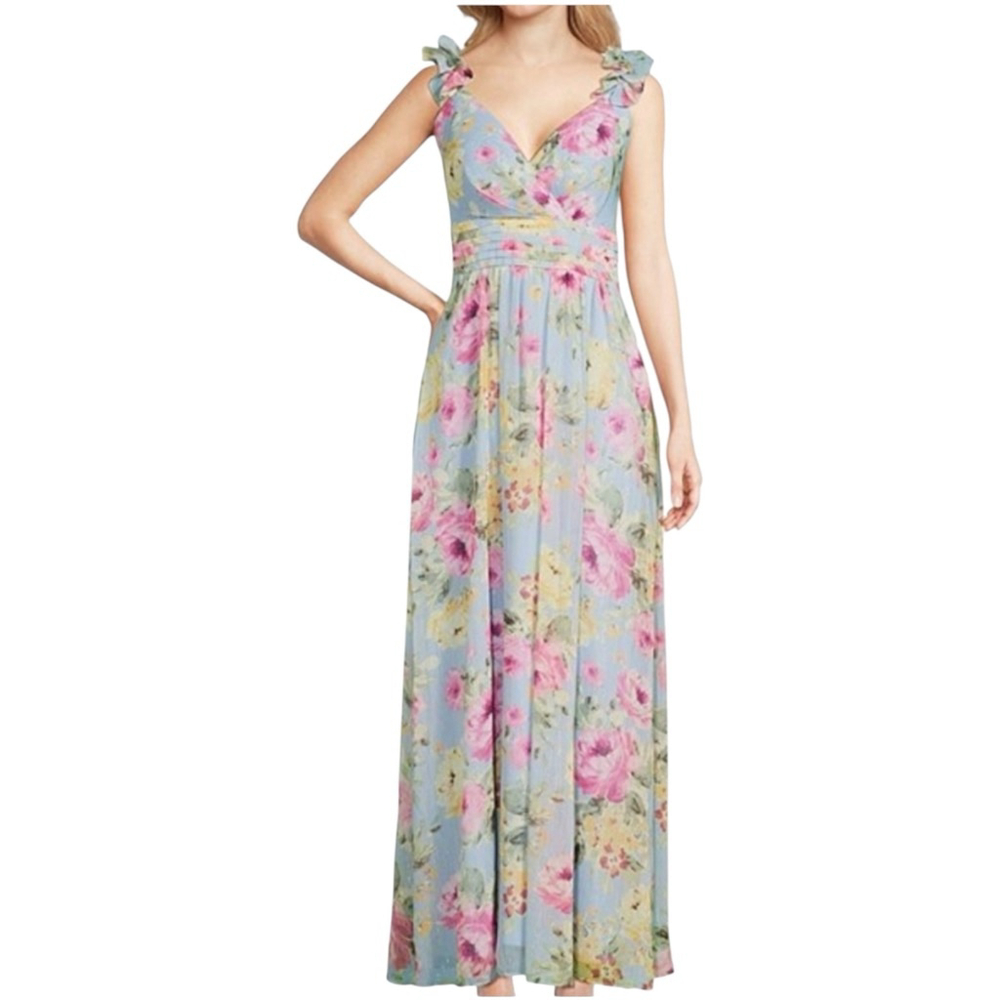 JESSICA HOWARD Size 12P NWT Floral Chiffon Pleated Maxi Gown Wedding Guest Blue